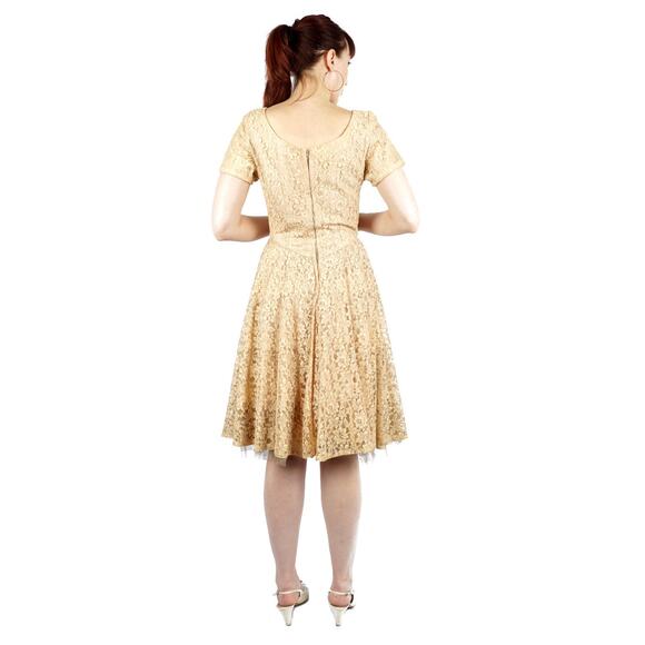 Vintage 1950s Gold Lace Circle Skirt Dress | Medium - Picture 3 of 5